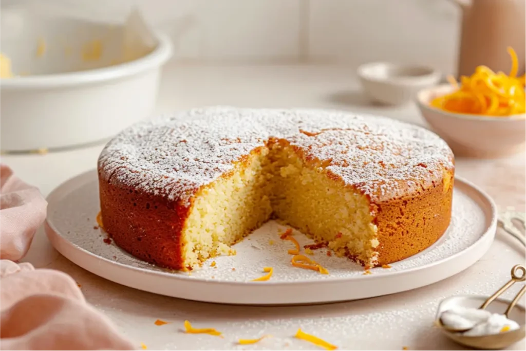 Gluten Free Nut Free Desserts for Beginners That Actually Taste Good 14 Golden gluten-free orange olive oil cake sliced on a neutral countertop in warm natural window light, showing a moist tender crumb with citrus flecks, soft honey-gold tones, pastel blush linen, simple white bowl, and shallow depth of field in a cozy Texas-style modern kitchen.