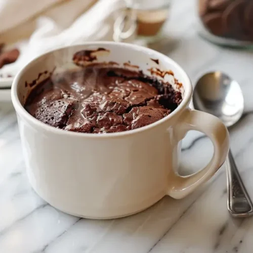 Final Gluten Free Oreo Mug Cake served warm in a cream mug with fudgy cookie swirls, soft window light, gentle shadows, and cozy pastel Texas-kitchen accents.