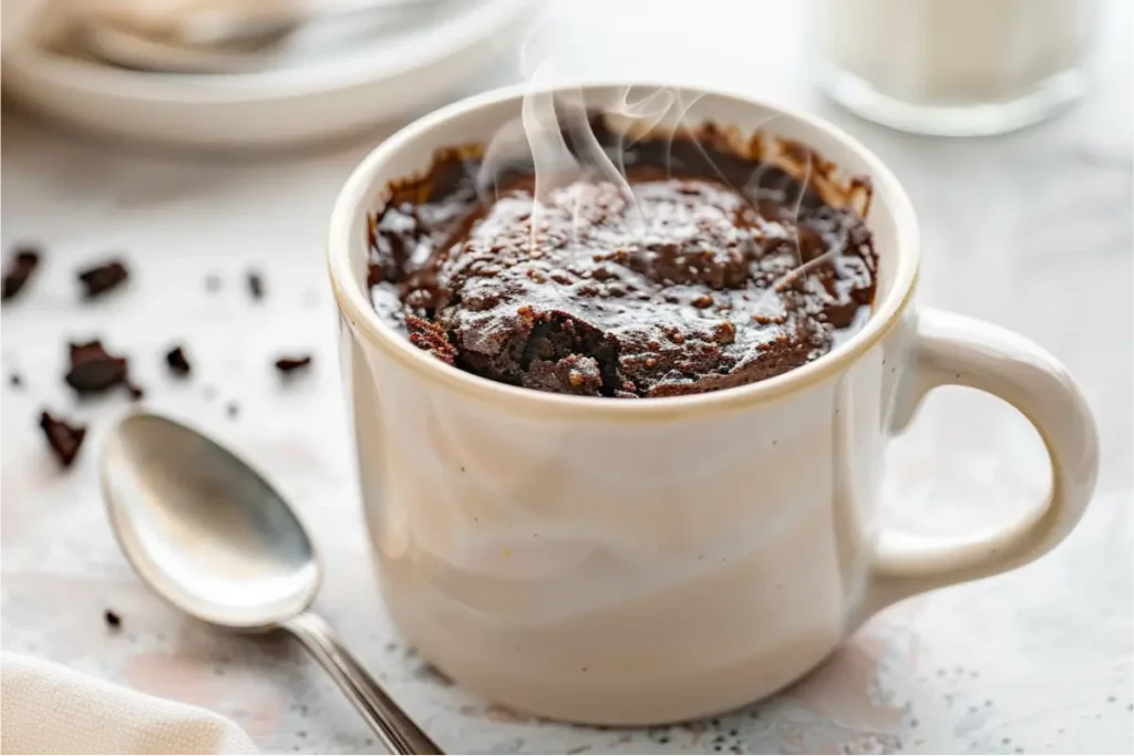 Ultra-close Gluten Free Oreo Dessert mug cake with warm fudgy texture, cookie swirls, soft window light, and cozy pastel Texas-kitchen accents.