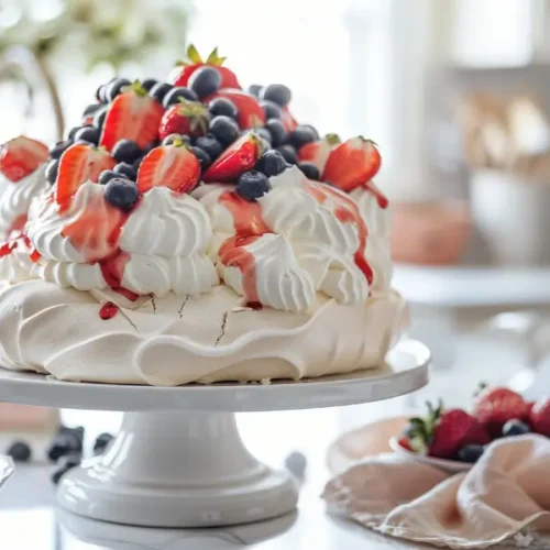 gluten-free pavlova with crisp meringue, whipped cream, strawberry sauce, and fresh berries in a cozy texas-mom kitchen style.
