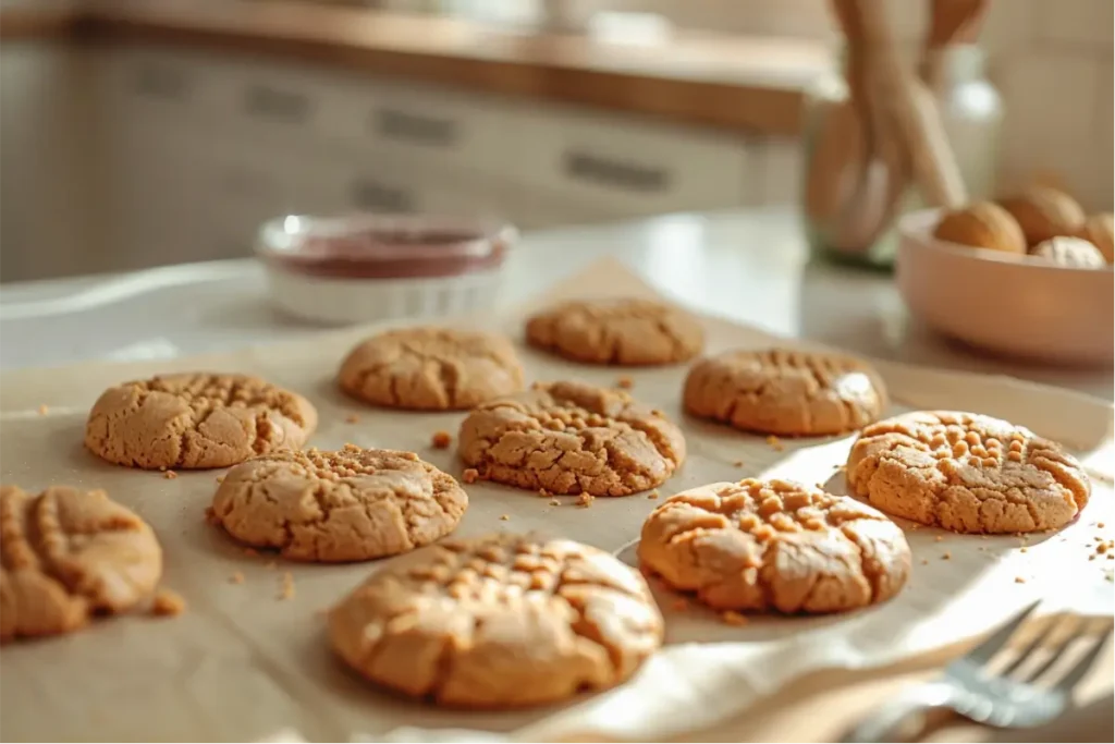 Warm, ultra-close view of golden gluten-free peanut butter cookies with classic criss-cross tops on parchment, soft natural window light highlighting crackled textures, gentle pastel blush and sage tones in the blurred Texas-style kitchen background, subtle crumbs on a clean neutral surface, cozy editorial mood with realistic gluten-free details.