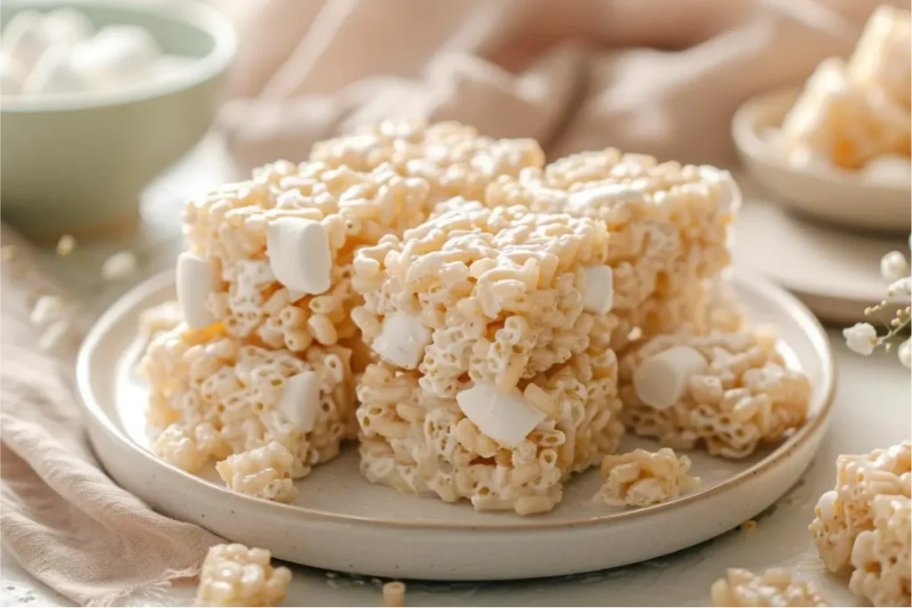 The Best Easy Gluten Free Desserts For Beginners 8 Gooey gluten-free rice krispies treats cut into golden squares on a bright white surface with soft natural light, minimal pastel props, and a clean beginner-friendly setup representing the theme of Best Easy Gluten Free Desserts.