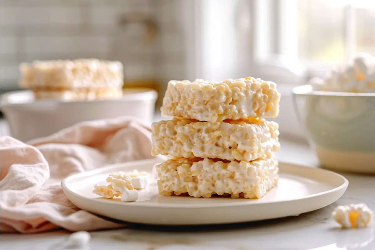 The Best Easy Gluten Free Desserts For Beginners 1 Soft, gooey gluten-free rice krispies treats cut into golden squares on a clean white surface, glossy marshmallow shine, warm natural window light, minimal pastel props, beginner-friendly dessert scene.