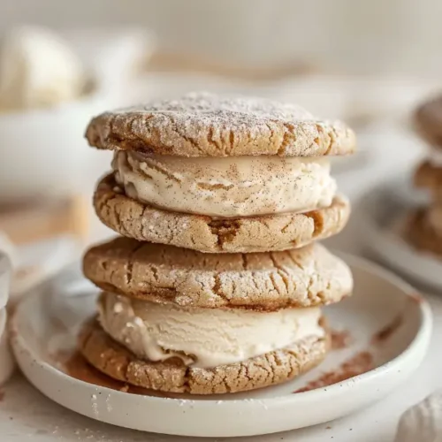 Gluten Free Nut Free Desserts for Beginners That Actually Taste Good 17 Gluten-Free Snickerdoodle Ice Cream Sandwiches stacked close-up on a white plate.