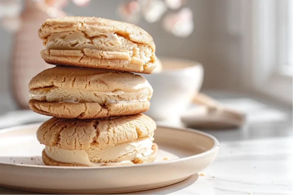 Gluten Free Nut Free Desserts for Beginners That Actually Taste Good 16 Ultra-close gluten-free snickerdoodle ice cream sandwiches stacked on a white plate, showing golden cinnamon-sugar cookie tops, creamy vanilla ice cream edges, soft window light, pastel blush and sage accents, shallow depth of field, clean neutral countertop, cozy modern Texas kitchen mood.