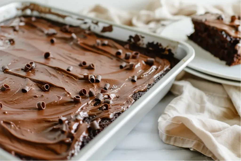 Warm, glossy gluten-free Texas sheet cake with fudgy chocolate frosting spreading across a large pan, shot in natural window light on a clean neutral countertop, styled with pastel Texas-kitchen accents, representing Easy Gluten Free Chocolate Desserts.