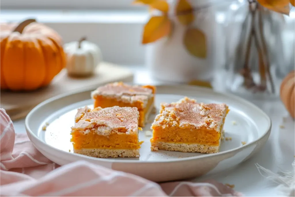 10 Irresistible Vegan Gluten Free Desserts You’ll Want To Make Again And Again 20 Golden-orange gluten-free vegan pumpkin bars shown in a close-up slice with soft natural window light, warm spice tones, matte white plate, pastel blush linen, pale wood accents, shallow depth of field, and a cozy modern Texas-inspired kitchen backdrop.