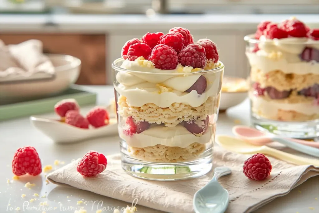 Ultra-close view of gluten-free vegan raspberry lemon cream parfaits layered in clear glass cups with golden cookie crumbs, pale yellow coconut-lemon cream, and fresh raspberries, styled on a clean modern countertop with soft natural window light, blush and sage pastel accents, shallow depth of field, and warm Texas-inspired editorial tones.