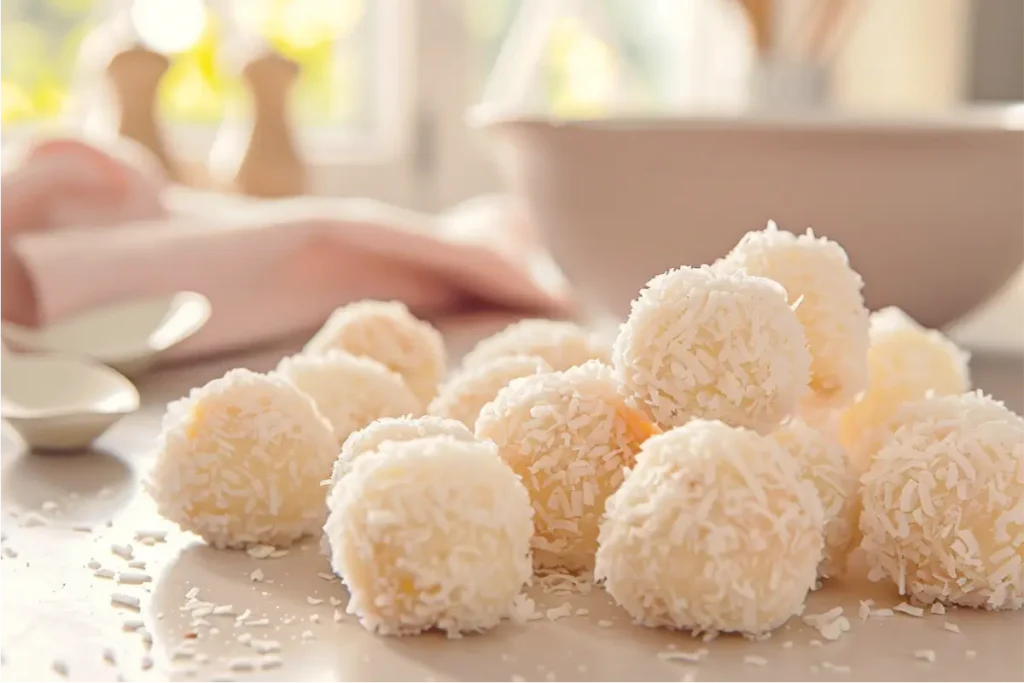 Ultra-close view of coconut-coated lemon bliss balls on a neutral countertop, soft natural window light highlighting bright citrus tones, with pastel blush and cream linens softly blurred in the background. Shallow depth of field emphasizes the front gluten-free dessert ball’s textured coconut surface, with gentle warm shadows creating a calm, beginner-friendly mood.
