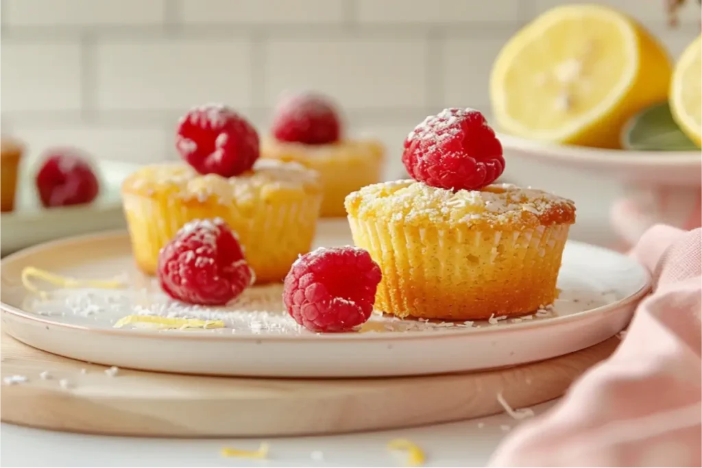 10 Best Gluten and Dairy Free Desserts to Impress Guests 14 golden gluten-free lemon raspberry mini cakes with tender coconut-flour crumb, topped with fresh raspberries and lemon zest, styled on pastel plates with warm natural window light and a cream-and-blush kitchen backdrop, soft sage and brushed-gold accents, shallow depth of field highlighting realistic gf texture and cozy editorial warmth