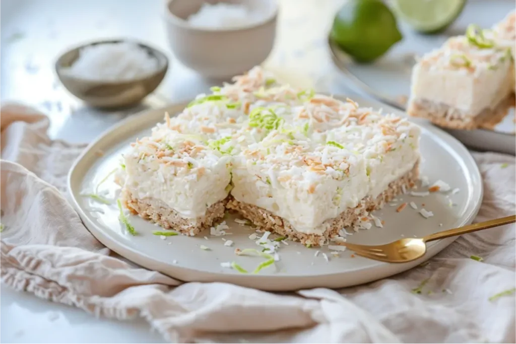 Ultra-close view of chilled lime-tinted coconut bars on a soft ceramic plate, creamy coconut-lime filling with visible zest, golden gluten-free crust, natural window light, pastel blush and sage accents, brushed-gold utensil, cream linen, shallow depth of field, warm modern Texas-kitchen mood.