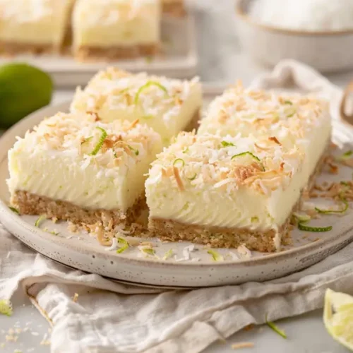 Close-up sliced Lime Coconut Bliss Bars with smooth citrus filling and golden coconut crust.