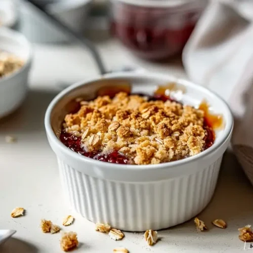 Gluten Free Nut Free Desserts for Beginners That Actually Taste Good 11 Golden gluten-free jam crumble in a white ramekin with warm highlights and visible berry center.