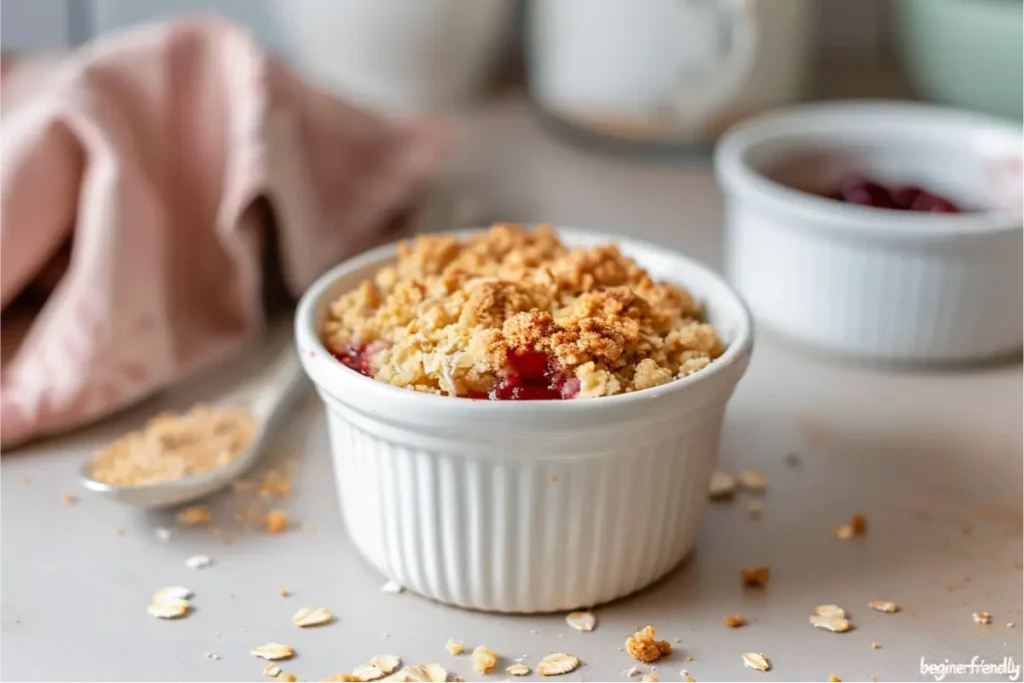 Gluten Free Nut Free Desserts for Beginners That Actually Taste Good 10 Warm natural window light illuminating a white ramekin filled with bubbling gluten-free jam crumble, golden oat topping with slightly imperfect crumbs, soft pastel blush and sage accents in a folded towel and measuring spoons, clean neutral countertop background, shallow depth of field creating an inviting modern Texas-mom kitchen mood.