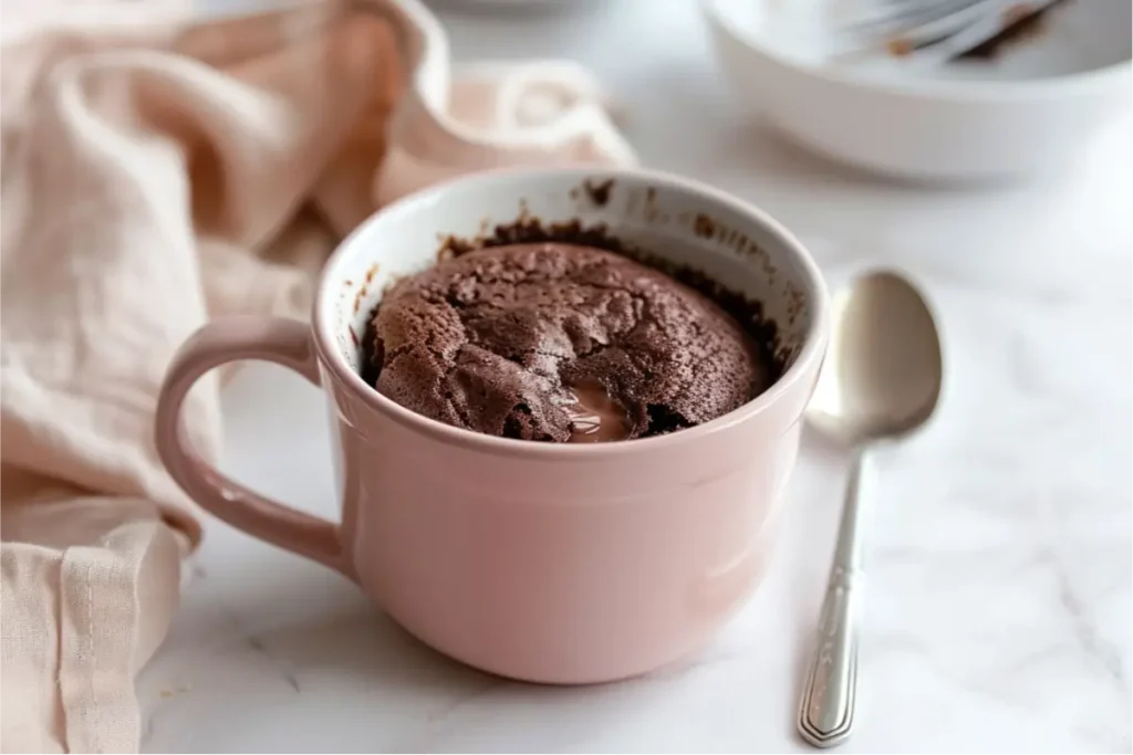 Warm natural window light highlighting a gooey gluten-free microwave mug brownie in a simple ceramic mug, rich chocolate texture with a slightly molten center, soft blush and cream accents in the background, shallow depth of field, clean modern Texas-style kitchen, cozy pastel linens, and an inviting beginner-friendly mood.