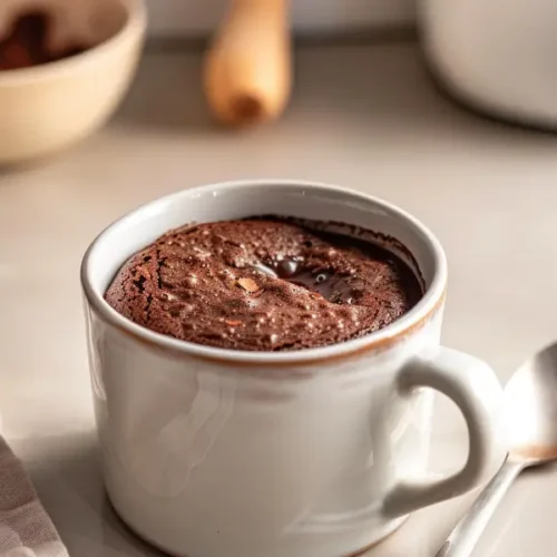 Gluten-free microwave mug brownie with a gooey chocolate center in a neutral ceramic mug.