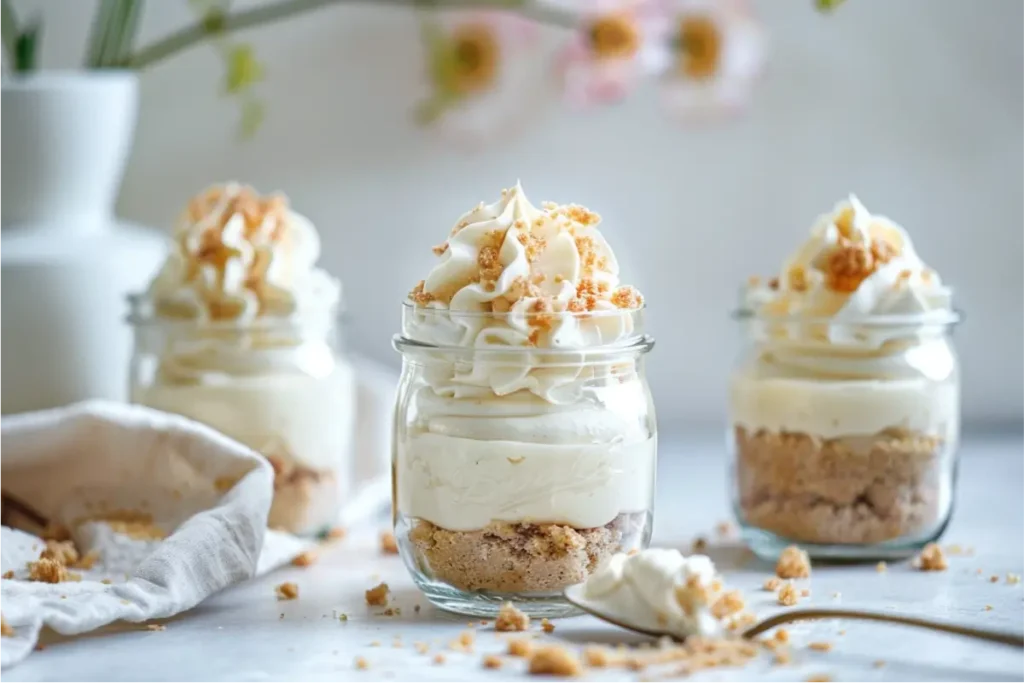 Ultra-close view of mini banana cream pies layered in small glass jars with a gluten-free graham crumb base, creamy banana pudding, and whipped topping under soft natural window light; pastel blush and sage accents, modern clean kitchen surface, shallow depth of field, cozy Texas-mom no-bake styling.