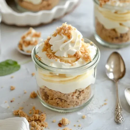 mini banana cream pie in a jar gluten free no bake recipe card with layered graham crust creamy banana pudding and whipped topping in small glass jars under soft natural light