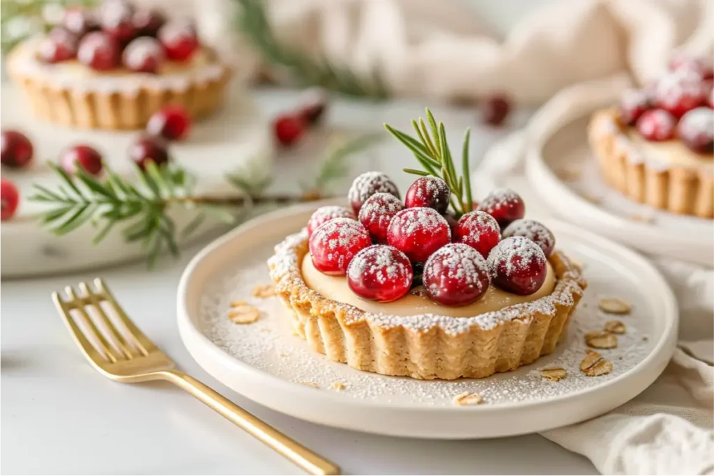 The Ultimate Gluten And Dairy Free Desserts For Christmas Everyone Will Love 10 Mini cranberry almond tarts with glossy ruby cranberry topping set on a clean neutral surface, warm natural window light, soft blush and pastel sage accents, brushed-gold fork, cream linen folds, shallow depth of field, crisp gluten-free almond-oat crust texture, cozy modern Texas-holiday mood.