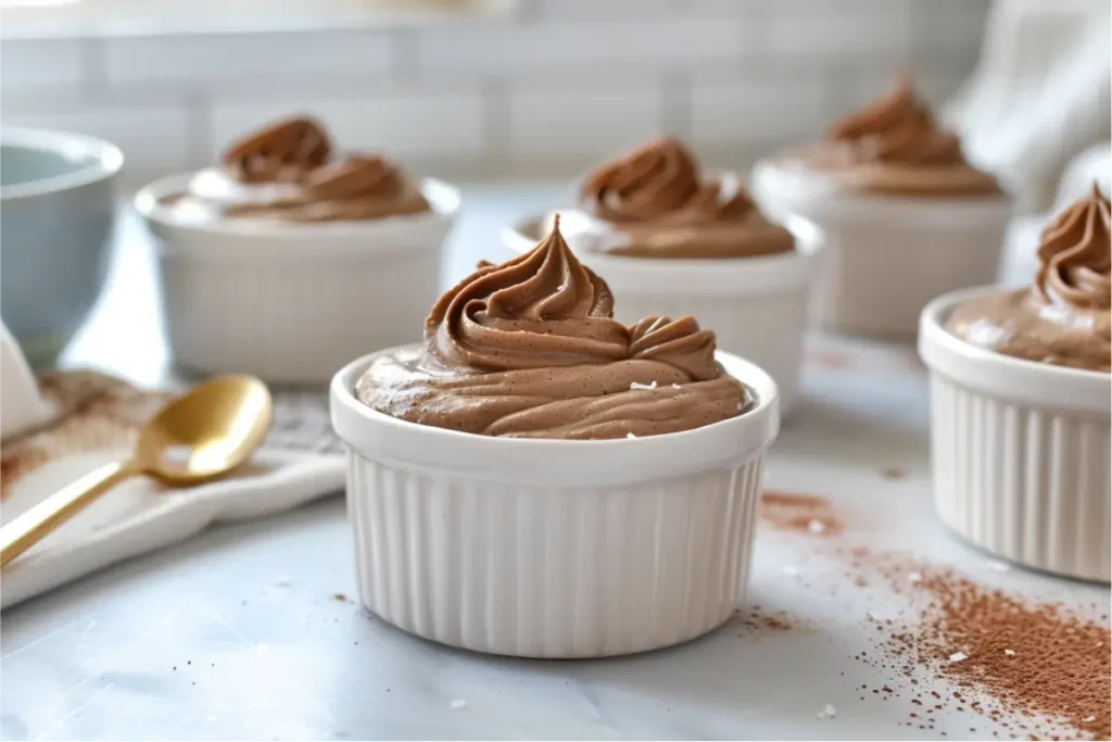 Creamy mocha mousse pots in small ceramic ramekins with glossy cocoa surfaces and subtle vanilla flecks, styled in warm natural window light on a clean neutral countertop with pastel blush and sage accents softly blurred behind, brushed-gold spoon nearby, shallow depth of field creating an intimate editorial Texas-kitchen mood with realistic gluten-free texture.