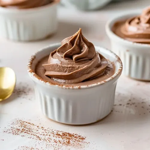 Creamy mini mocha mousse pots with a smooth cocoa surface in a clean, softly lit close-up.
