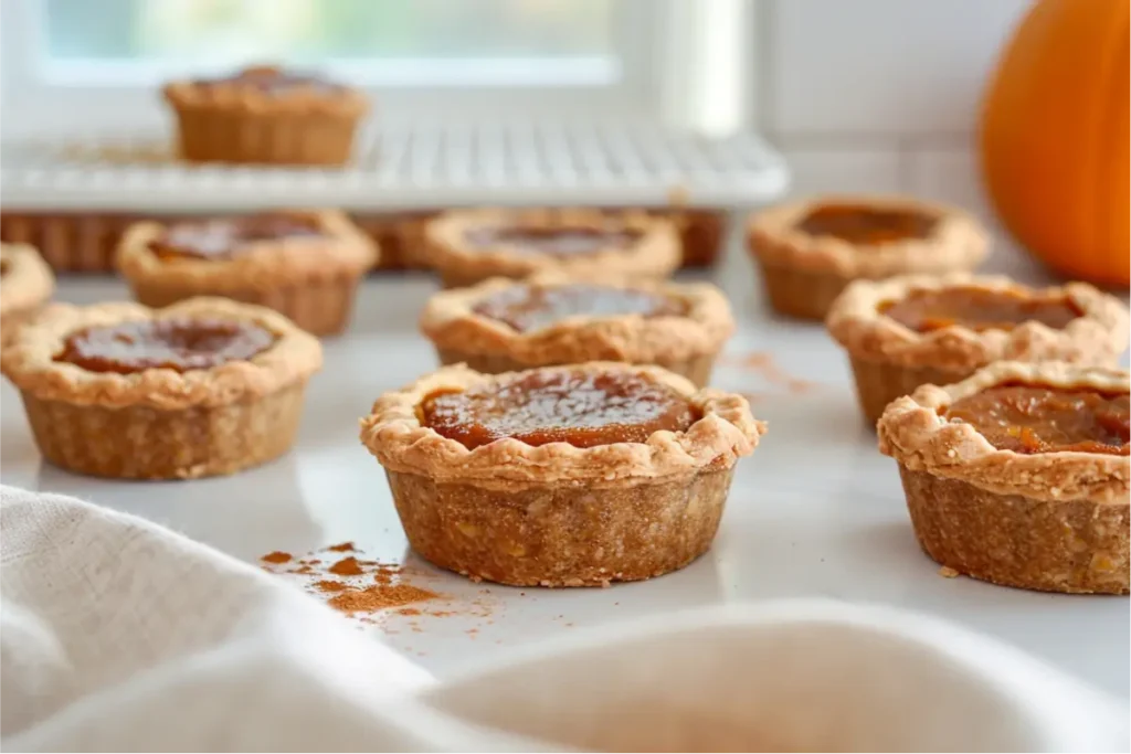 Mini pumpkin pies with smooth pumpkin filling and golden oat-almond crusts shown in warm natural window light on a clean neutral surface, soft pumpkin-spice tones, muted amber highlights, beige linen napkin, subtle fall accents, shallow depth of field, realistic gluten-free texture, modern Texas-inspired kitchen backdrop.