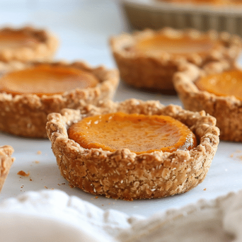 Mini Pumpkin Pies with Oat Crust, close and clearly styled with smooth pumpkin filling and golden crust.