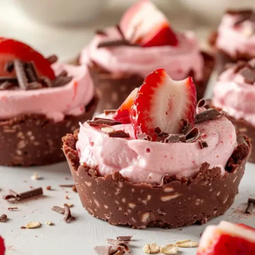 8 Gluten Dairy Egg Free Desserts You’ll Actually Crave 11 Mini Strawberry Cream Pie Cups (No-Bake + Vegan) on a soft blush surface with fresh strawberry slices and smooth pink filling.