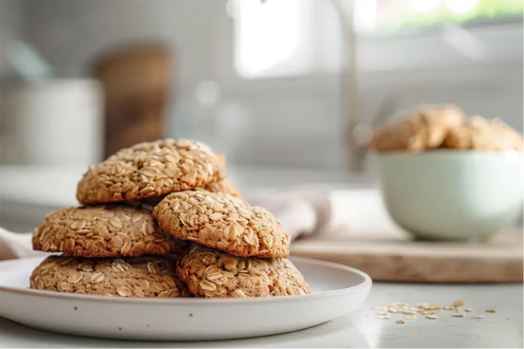 The Best Easy Gluten Free Desserts For Beginners 4 Warm natural window light highlighting ultra-close banana oat cookies with soft golden edges, visible oat texture, and scattered crumbs on a pale ceramic plate, styled with blush linen and subtle pastel accents on a clean modern kitchen surface, creating a cozy gluten-free beginner-friendly mood.