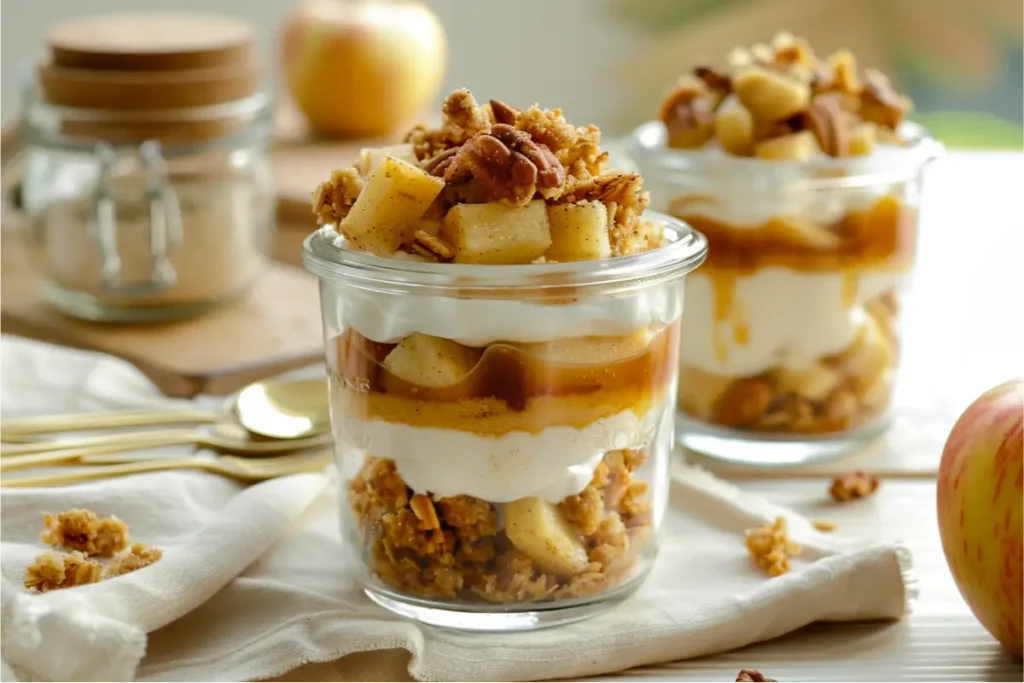 Ultra-close layered parfait jars with pale ivory cashew cheesecake, warm amber caramel-apple filling, and golden toasted crumble, styled in warm natural window light with blush and muted sage accents against a clean cream kitchen backdrop; cozy, gluten-free, dairy-free fall dessert mood.