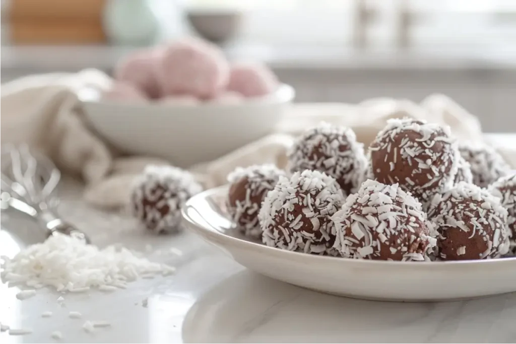 ultra-close view of glossy chocolate coconut truffles on a neutral countertop, soft natural window light, textured coconut flakes, cocoa-dusted surfaces, pastel blush and cream kitchen accents blurred in the background, shallow depth of field, warm modern texas-mom atmosphere highlighting gluten-free details
