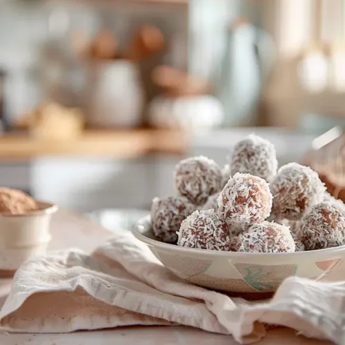 no-bake chocolate coconut truffles arranged closely with soft natural light