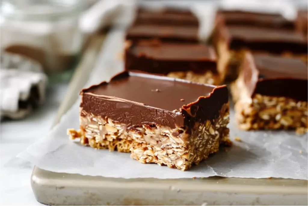 Ultra-close shot of vegan gluten-free no-bake chocolate oat bars sliced into squares, glossy chocolate-peanut-butter topping, textured oat base, soft natural window light, pastel blush and cream props, clean modern kitchen surface, slight crumbs, cozy editorial Texas-mom mood.