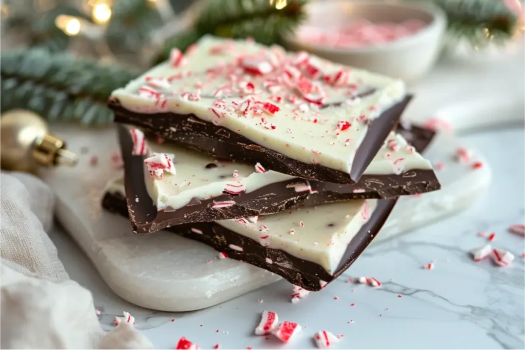 The Ultimate Gluten And Dairy Free Desserts For Christmas Everyone Will Love 4 Ultra-close view of gluten-free no-bake peppermint bark with glossy dark chocolate and smooth dairy-free white layer, topped with ruby crushed peppermint, warm natural window light, soft blush and pastel sage accents, brushed-gold touch, cream linen, clean neutral background, shallow depth of field, cozy modern Texas-kitchen mood.