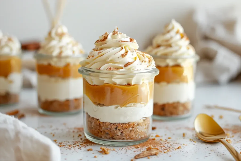 Ultra-close view of no-bake pumpkin cheesecake cups in clear jars, showing a golden-beige almond-flour crust layered beneath a creamy muted-amber pumpkin filling and topped with bright white coconut whip dusted with cinnamon, set in warm natural window light against a clean neutral kitchen backdrop with pastel accents, soft pumpkin-spice tones, brushed-gold details, and cozy gluten-free textures.