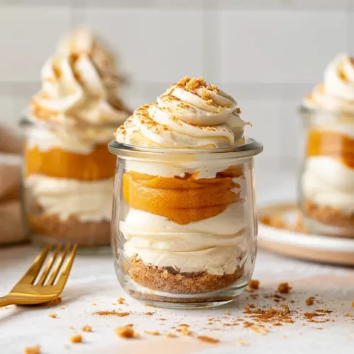 No-Bake Pumpkin Cheesecake Cups with layered pumpkin filling and coconut whip.