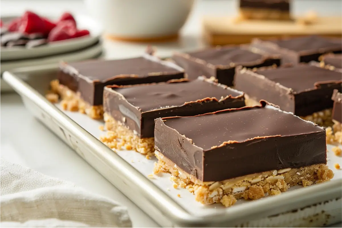 8 Gluten Dairy Egg Free Desserts You’ll Actually Crave 1 Close-up of neatly sliced no-bake chocolate SunButter bars with a glossy chocolate layer and a firm nut-free crumb base, shown under warm natural window light on a clean modern kitchen surface with pastel blush and cream accents, light wood board, soft shadows, and cozy gluten-free styling.