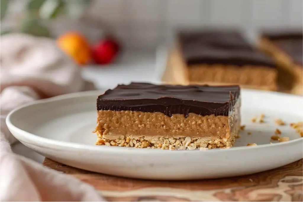 10 Irresistible Vegan Gluten Free Desserts You’ll Want To Make Again And Again 4 Ultra-close view of glossy dark chocolate topping over a thick peanut-butter base with visible gluten-free crumbs, warm natural window light creating soft highlights, matte white plate on a pale wood board, blush linen napkin to the side, and a softly blurred pastel-accented Texas-style kitchen background.