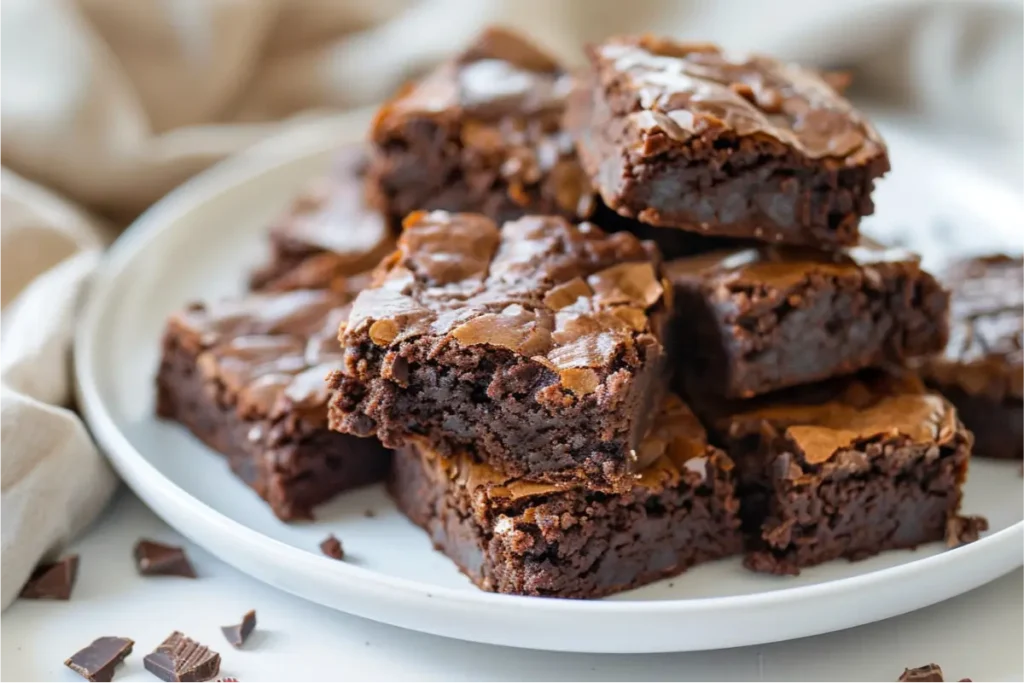 Ultra-close view of fudgy gluten-free brownies stacked on a white ceramic plate, crackly tops with moist dense centers, soft natural window light creating warm highlights and gentle shadows, pastel blush and cocoa-brown accents in the background, beige linen and chocolate curls adding cozy editorial depth, clean Texas-modern kitchen surface, rich chocolate texture clearly visible, Easy Gluten Free Chocolate Desserts article mood.