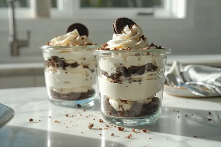 Ultra-close view of layered gluten-free Oreo no-bake cheesecake cups in clear glass jars, with chunky cookie crumb bases, creamy whipped cheesecake filling, and soft whipped topping under warm natural window light; pastel blush and sage accents, clean modern Texas-inspired kitchen surface, shallow depth of field, realistic gluten-free texture details.