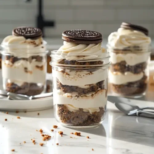 Recipe card for Oreo no-bake gluten-free cheesecake cups showing cookie crumb layers, creamy cheesecake filling, and chilled assembly steps in a clear, easy-to-read layout.