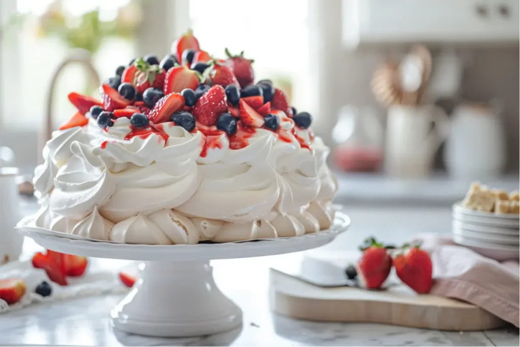 Ultra-close pavlova with crisp glossy meringue swirls, a soft whipped-cream center, and fresh strawberries and blueberries on top, styled on a clean modern countertop with blush, cream, and sage accents, soft natural window light, and a warm gluten-free dessert mood.
