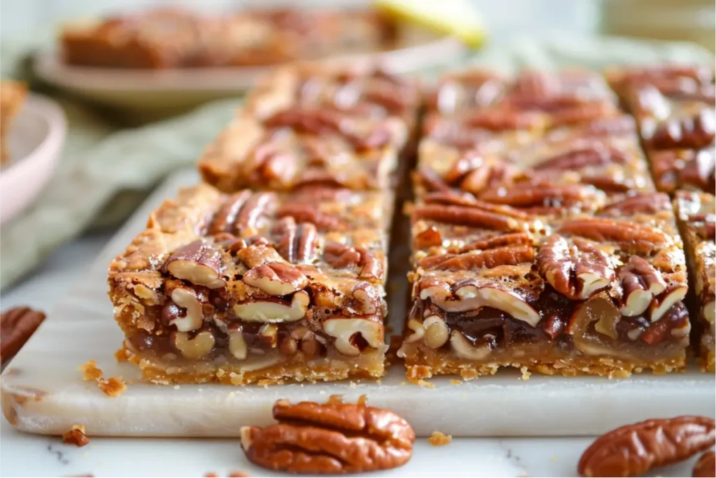 10 Best Gluten and Dairy Free Desserts to Impress Guests 2 Warm natural window light highlighting golden-brown gluten-free dairy-free pecan pie bars sliced into neat squares on a pale wood board, with glossy pecan filling and tender almond-flour crust, styled to reflect the best gluten and dairy free desserts in a pastel blush and sage Texas kitchen, soft cream background, brushed-gold details, shallow depth of field, cozy editorial mood.