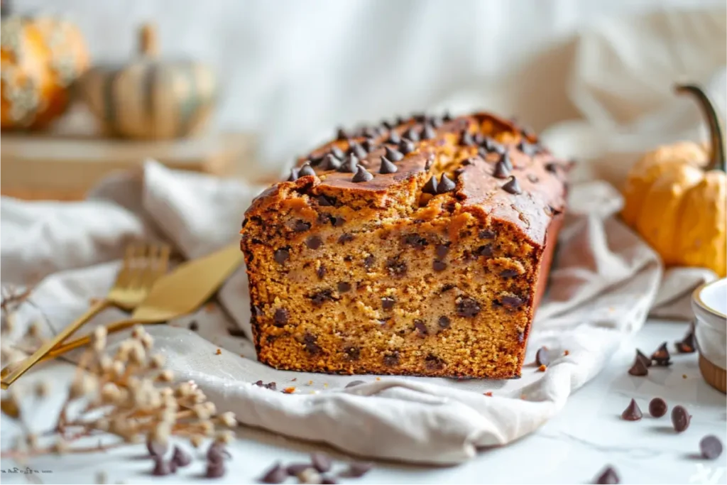 Warm natural window light on a close-up sliced pumpkin chocolate chip bread loaf showing moist gluten-free crumb, melted dairy-free chocolate chips, soft pumpkin-spice tones, brushed-gold utensil, beige linen napkin, and a clean neutral kitchen backdrop with shallow depth of field.