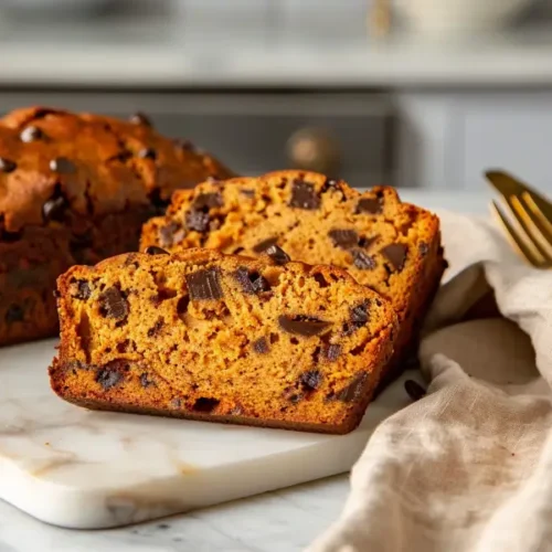 Sliced pumpkin chocolate chip bread showing tender crumb and melted chips in warm light.
