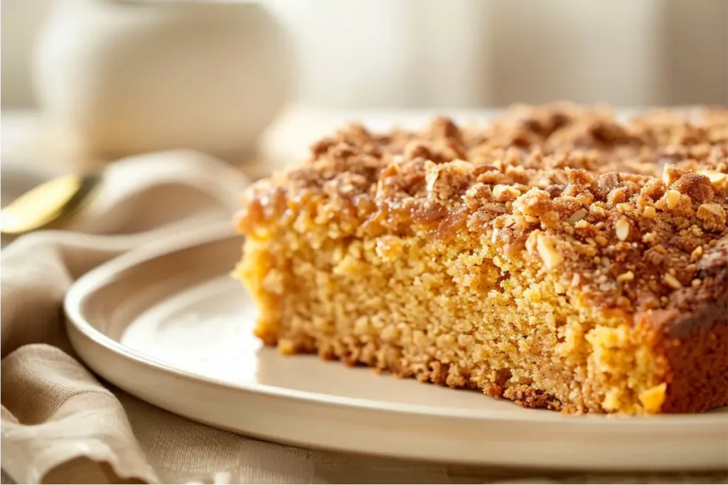 Ultra-close slice of gluten-free pumpkin coffee cake with a golden-orange crumb and thick cinnamon streusel topping, styled on a light ceramic plate with warm window light, soft pumpkin-spice tones, pastel accents, and a beige linen napkin in a clean modern kitchen.
