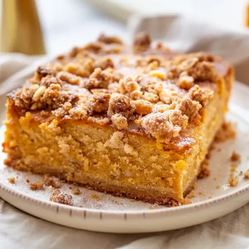 Gluten-free pumpkin coffee cake slice with cinnamon crumb topping on a light plate.