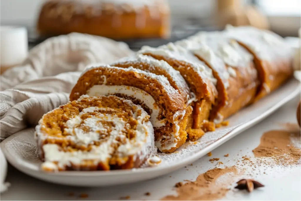 Tender gluten-free pumpkin roll sliced to show a smooth dairy-free cream cheese swirl, with warm natural window light, muted pumpkin-spice tones, soft amber highlights, pastel-blush linen accents, brushed-gold details, and a clean neutral kitchen backdrop creating a cozy, modern fall atmosphere.