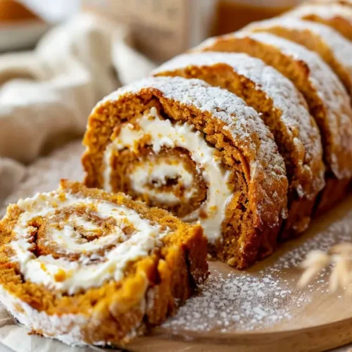 Sliced pumpkin roll with dairy-free cream cheese filling on a neutral background.