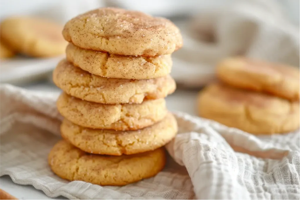 Soft, chewy gluten-free pumpkin snickerdoodles stacked on a clean neutral countertop, coated in crackly cinnamon sugar, with warm natural window light creating muted amber highlights. A beige linen napkin, subtle pastel accents, and shallow depth of field add a cozy modern Texas-kitchen mood while the cookies’ slightly imperfect gluten-free crumb texture is clearly visible.